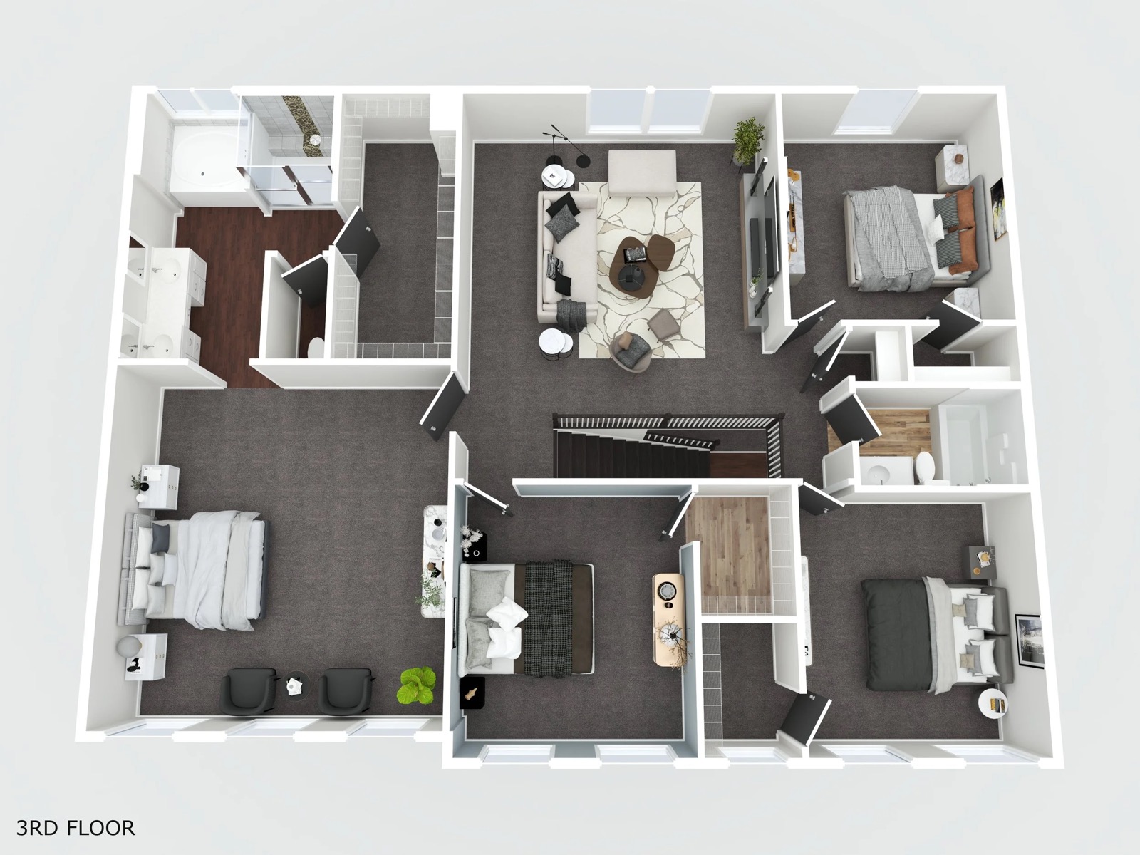 3D floor plan showing furnished rooms from above